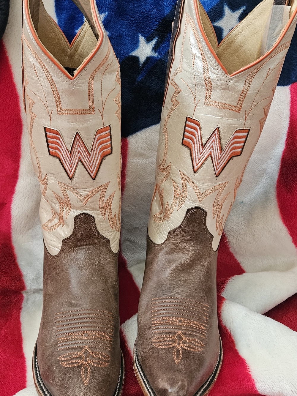 Justin Women's Brown and Cream Leather Cowboy Boots With Whataburger Logo